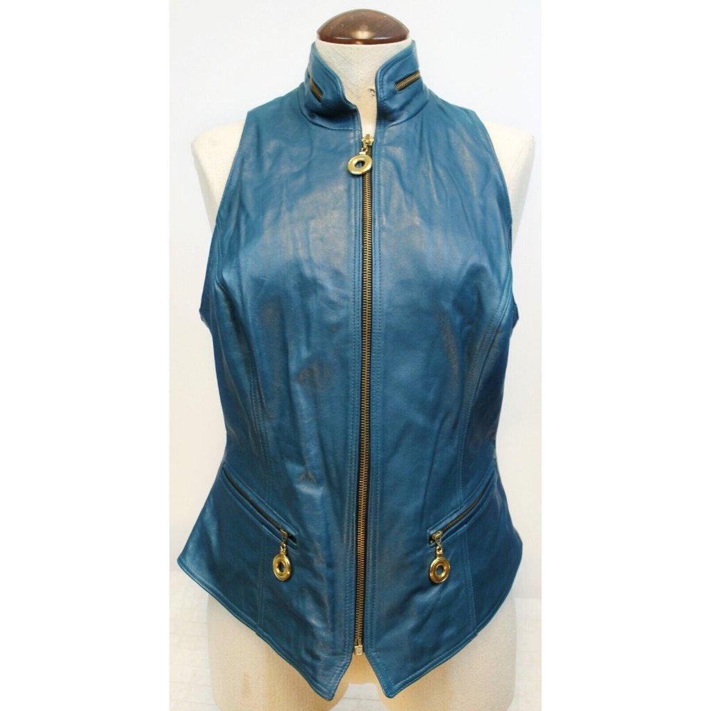 Julian K Woman Sz M Leather Vest Teal Green Blue Zip Up High Neck Biker Rock